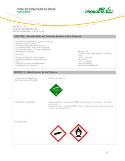 Hoja de Seguridad de Datos 
OXÍGENO 
 
 
 
1 
 
 
 
Versión: 1.0 
Código: 300000000110 
Fecha de Versión: 23.01.2018   
 
SEC