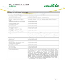 Hoja de Seguridad de Datos 
OXÍGENO 
 
 
 
7 
 
SECCIÓN 11: Información Toxicológica 
 
PARAMETROS 
VALOR 
Toxicidad aguda (L