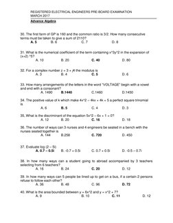 REGISTERED ELECTRICAL ENGINEERS PRE-BOARD EXAMINATION 
MARCH 2017 
Advance Algebra 
 
 
30. The first farm of GP is 160 and t
