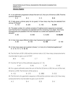 REGISTERED ELECTRICAL ENGINEERS PRE-BOARD EXAMINATION 
MARCH 2017 
Advance Algebra 
 
 
41. In an arithmetic progression whos