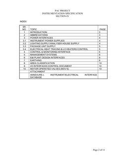 PAC PROJECT
INSTRUMENTATION SPECIFICATION
SECTION-IV
Page 2 of 11
INDEX
SR.
NO. 
TOPIC 
PAGE
1 
INTRODUCTION 
3
2 
ABBREVIATI