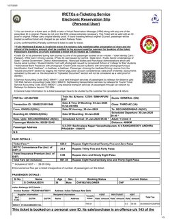 1/27/2020
1/3
IRCTCs e-Ticketing Service
Electronic Reservation Slip
(Personal User)
1.You can travel on e-ticket sent on SMS