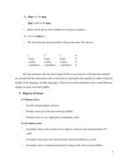Ex: That was the man
      That could be the man
•
Stress can be put in some syllable of a word in a sentence.
Ex: Are you co