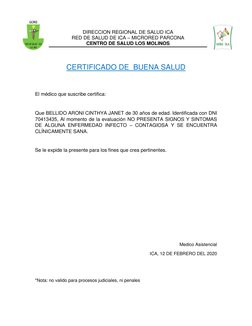 DIRECCION REGIONAL DE SALUD ICA 
RED DE SALUD DE ICA – MICRORED PARCONA 
CENTRO DE SALUD LOS MOLINOS 
 
 
 
CERTIFICADO DE  B