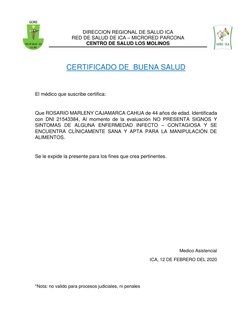 DIRECCION REGIONAL DE SALUD ICA 
RED DE SALUD DE ICA – MICRORED PARCONA 
CENTRO DE SALUD LOS MOLINOS 
 
 
 
CERTIFICADO DE  B