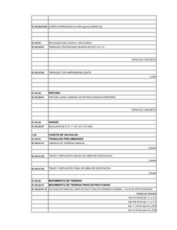 01.03.02.03.03 ACERO CORRUGADO fy=4200 kg/cm2 GRADO 60
01.03.03
REVOQUES ENLUCIDOS Y MOLDURAS
01.03.03.01
TARRAJEO FROTACHADO