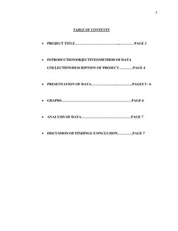 3 
 
 
TABLE OF CONTENTS  
 
 PROJECT TITLE………………………………..,………… PAGE 2 
 
 INTRODUCTION/OBJECTIVES/METHOD OF DATA 
COLLECTIO