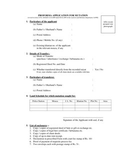 PROFORMA APPLICATION FOR MUTATION 
(revised in terms of No. 644/LR/1A-01/2009 dated 06.02.2009 of the Land & Land Reforms Dep