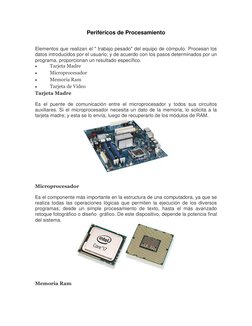 Periféricos de Procesamiento 
 
 
Elementos que realizan el " trabajo pesado" del equipo de cómputo. Procesan los 
datos intr