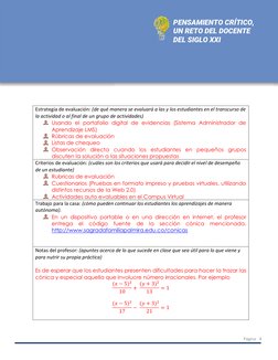 PENSAMIENTO CRÍTICO, 
UN RETO DEL DOCENTE 
DEL SIGLO XXI 
 
4 
Página 
 
Estrategia de evaluación: (de qué manera se eval