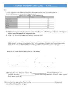 6TH GRADE DATA MATH STUDY GUIDE        NAME_______ 
11) 
 
A) If 84 freshmen prefer math, 60 sophomore prefers math, 65 jun