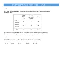  
6TH GRADE DATA MATH STUDY GUIDE        NAME_______ 
15)  
 
16)  
 
a) .6 
b) .03  
c) -0.2  
d) 0.02  
e) -.789 
 
