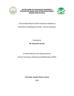 NOTRE DAME OF DADIANGAS UNIVERSITY 
INTEGRATED BASIC EDUCATION DEPARTMENT
SENIOR HIGH SCHOOL
A Documentary Report of Work Imm