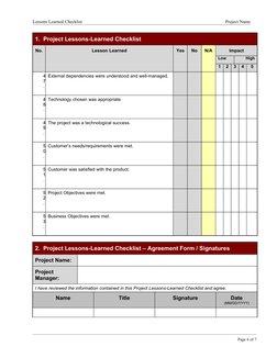 Lessons Learned Checklist
Project Name
1.  Project Lessons-Learned Checklist
No.
Lesson Learned
Yes
No
N/A
Impact
Low
High
1