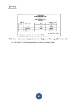 [Year] 
 
 
 
10 
 
 
Cash Memo – a document stating cash received for the goods sold. It is a paid bill for cash sales. 
 Th