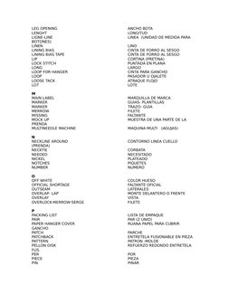 LEG OPENING
ANCHO BOTA
LENGHT
LONGITUD
LIGNE-LINE
LINEA  (UNIDAD DE MEDIDA PARA 
BOTONES)
LINEN
LINO
LINING BIAS
CINTA DE FOR