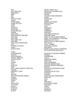 SELF
MISMO, MISMA TELA
SELF POLY BIAS
SESGOS DE LA MISMA TELA
SEND BACK
DEVOLVER
SEND
ENVIAR
SET
UN JUEGO (DOS UNIDADES)
SEW