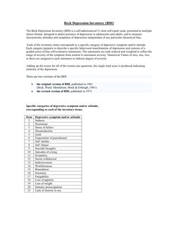 Beck Depression Inventory (BDI) 
The Beck Depression Inventory (BDI) is a self­administered 21­item self­report scale, presen