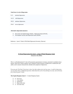Total Score Levels of Depression 
0­13 
minimal depression; 
14­19 
mild depression; 
20­28 
moderate depression; 
29­63 
sev