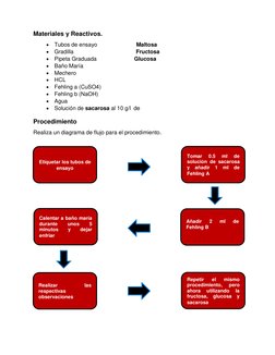 Materiales y Reactivos. 
 Tubos de ensayo 
Maltosa 
 Gradilla 
Fructosa 
 Pipeta Graduada 
Glucosa 
 Baño María 
 
 Mech