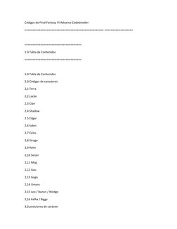 Códigos de Final Fantasy VI Advance Codebreaker
================================================== ==================
=======