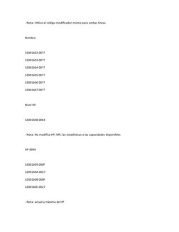 - Nota: Utilice el código modificador mismo para ambas líneas
Nombre
32001602 00??
32001603 00??
32001604 00??
32001605 00??