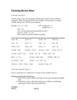 Factoring Review Sheet
Factoring Using GCF:
To factor using a GCF, take the greatest common factor (GCF), for the numerical