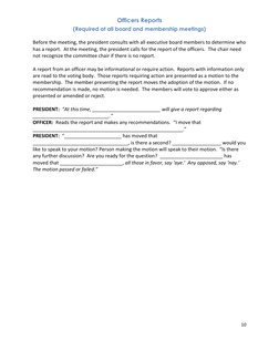 10 
 
Officers Reports 
(Required at all board and membership meetings) 
 
Before the meeting, the president consults with al