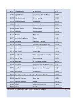 876521 Edgar Allan Poe
El gato negro
34.00
124567 Edgar Allan Poe
Los crimenes de la Rue Morge
123.00
234590 Fedor Dostoiewsk