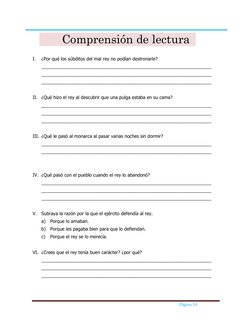 Página 10 
 
Comprensión de lectura 
 
I. 
¿Por qué los súbditos del mal rey no podían destronarle? 
 
____________