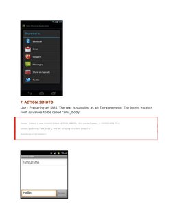 7. ACTION_SENDTO
Use : Preparing an SMS. The text is supplied as an Extra element. The intent excepts
such as values to be ca