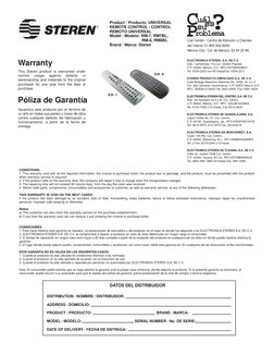 Product / Producto: UNIVERSAL 
REMOTE CONTROL / CONTROL 
REMOTO UNIVERSAL
Model / Modelo: RM-7, RM7BL,    
 
 
RM-8, RM8BL
Br