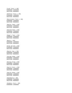 [Luck Tonic x 99]
D3000000 15000000
00287E8A 00000063
[Defense Tonic x 99]
D3000000 15000000
00287E8C 00000063
[Resistance To