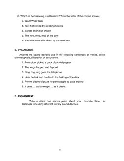 8 
 
C. Which of the following is alliteration? Write the letter of the correct answer. 
 
a. World Wide Web 
 
b. fleet feet