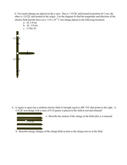 6. Two point charges are placed on the y-axis.  One is +3.0 C and located at position (0, 2 m), the 
other is -2.0 C and lo