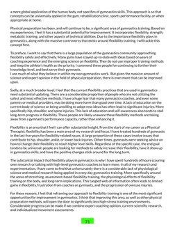 71
a more global application of the human body, not specifics of gymnastics skills. This approach is so that 
concepts can be