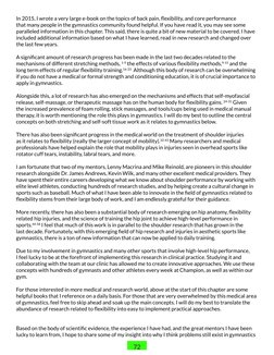 72
In 2015, I wrote a very large e-book on the topics of back pain, flexibility, and core performance 
that many people in th