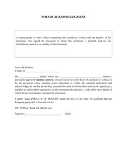 NOTARY ACKNOWLEDGMENT
 
A notary public or other officer completing this certificate verifies only the identity of the
indivi