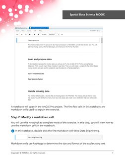 A notebook will open in the ArcGIS Pro project. The first few cells in this notebook are
markdown cells used to explain the e