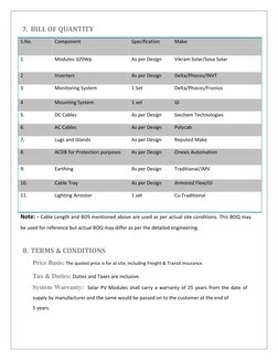 7. BILL OF QUANTITY  
S.No. 
Component 
Specification 
Make 
1 
Modules‐320Wp 
As per Design  
Vikram Solar/Sova Solar 
2 