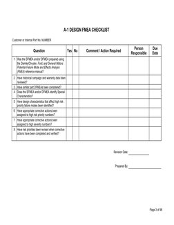 Page 3 of 98
A-1 DESIGN FMEA CHECKLIST
Customer or Internal Part No. NUMBER
Question
Yes
No
Comment / Action Required
1
2
3