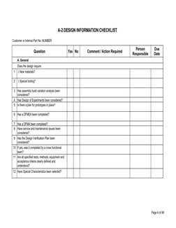 Page 4 of 98
A-2 DESIGN INFORMATION CHECKLIST
Customer or Internal Part No. NUMBER
Question
Yes
No
Comment / Action Require