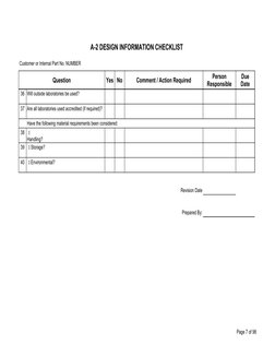 Page 7 of 98
A-2 DESIGN INFORMATION CHECKLIST
Customer or Internal Part No. NUMBER
Question
Yes
No
Comment / Action Require