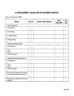Page 8 of 98
A-3 NEW EQUIPMENT, TOOLING, AND TEST EQUIPMENT CHECKLIST
Customer or Internal Part No. NUMBER
Question
Yes
No