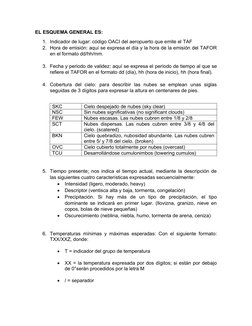 EL ESQUEMA GENERAL ES: 
1. Indicador de lugar: código OACI del aeropuerto que emite el TAF
2. Hora de emisión: aquí se expres