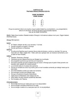 201 
CAPITULO VIII 
TRATADO ENCICLOPEDICO DE IFA 
 
OGBE OKONRON 
OGBE OKANA 
 
+                    + 
O   I