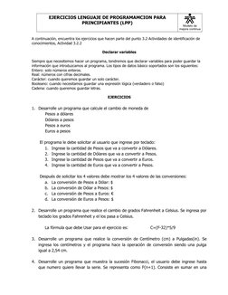 EJERCICIOS LENGUAJE DE PROGRAMAMCION PARA
PRINCIPIANTES (LPP)
Modelo de
mejora continua
A continuación, encuentra los ejercic