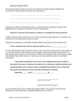 Statutory Form Power of Attorney
Page 2
SPECIAL INSTRUCTIONS:
ON THE FOLLOWING LINES YOU MAY GIVE SPECIAL INSTRUCTIONS LIMITI
