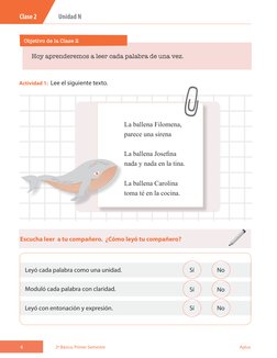 Hoy aprenderemos a leer cada palabra de una vez.
Objetivo de la Clase 2
Actividad 1:  Lee el siguiente texto. 
La ballena Fil