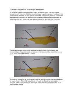 - Cambios en los beneficios económicos de la explotación. 
Al aumentar el ángulo de talud se disminuye la cantidad de estéril